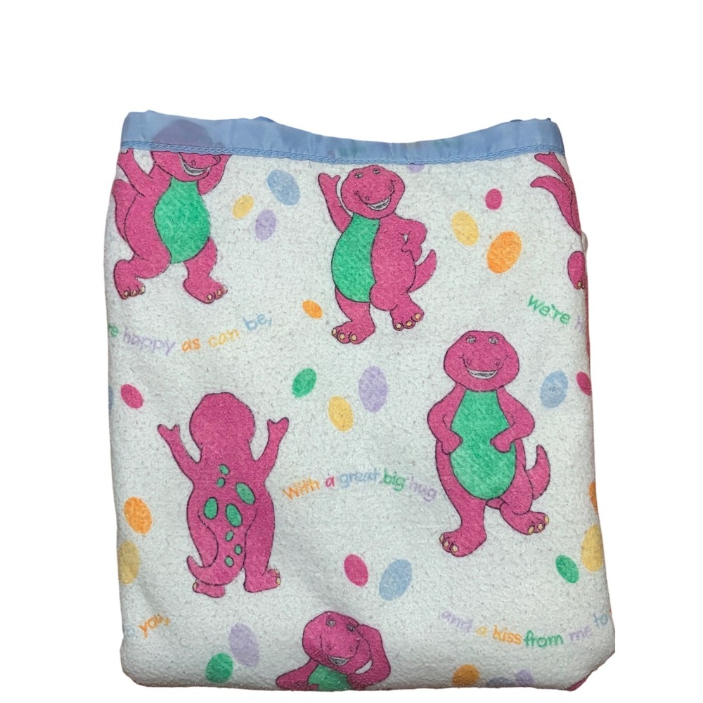 VTG Barney the Dinosaur I Love‎ You Song Fleece Twin Blanket Blue Trim Made USA